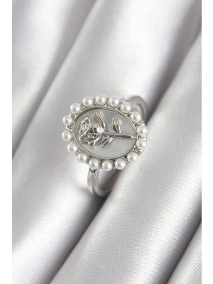 Skygo Ramia Premium | Pirinç Gümüş Renk Portre Gül Model Inci Detay Kadın Yüzük - TJ-BYK3064 | Tg