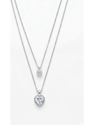 Swarovski Çift Katlı Kalp Kolye Zirkon Taşlı Kadın Kolye Gümüş Renk Minimal Şık Tektaş Detaylı Kolye