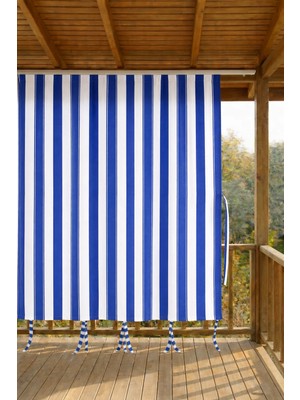 Shy Tekstil Mavi-Beyaz  Kornişli Su Geçirmez Rüzgâr Dayanımlı Pilesiz Balkon Perdesi