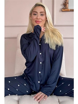 Pijama Evi Lacivert Kalp Desenli Bambu Önden Düğmeli Uzun Kol Kadın Pijama Takımı