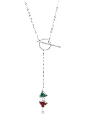 SERENES T Bar Kilitli Renkli Üçgen Uçlu Platin Kaplama Kadın Kolye