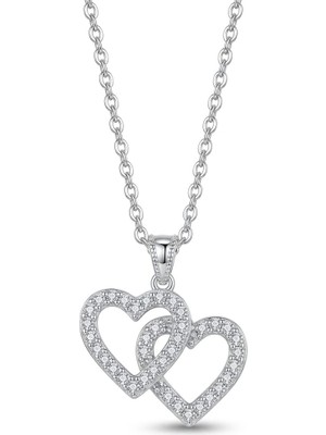 Swarovski Çift Kalp Kolye Zirkon Taşlı Kadın Kolye Gümüş Renk Iç Içe Kalp Sevgili Kolyesi Şık Hediye