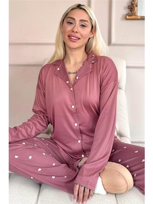 Pijama Evi Pudra Heart Desenli Bambu Önden Düğmeli Uzun Kol Kadın Pijama Takımı