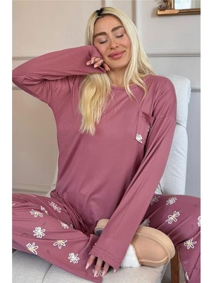 Pijama Evi Pudra Papatya Desenli Bambu Uzun Kol Kadın Pijama Takımı
