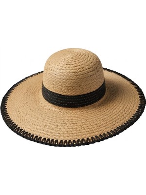 Mollycrush Kadın Siyah Şerit ve Dikiş Detaylı Geniş Kenarlı  Hasır  - Yazlık Güneş Koruyucu Plaj  Şapkası