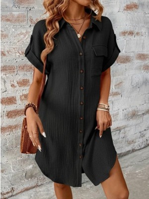 Arben Boutique Kadın Kısa Kollu Yakalı Önden Düğmeli Bürümcük Kısa Elbise