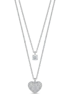 Swarovski Çift Zincirli Kalp ve Tek Taş Zirkon Kolye – Şık Kadın Kolye