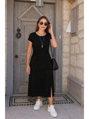 Gacha Kadın Kısa Kollu Yuvarlak Yaka Belden Bağcıklı Önden Yırtmaçlı Aerobin Elbise