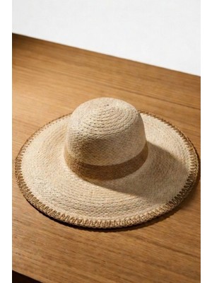Mollycrush Kadın Kahverengi Şeritli ve Kenar Işlemeli Geniş Kenarlı Hasır   - Yazlık Güneş Koruyucu Plaj Şapkası