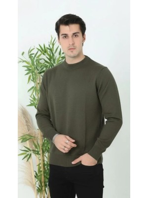 Beruflic Erkek Bisiklet Yaka Triko Kazak Yumuşak Dokulu Pamuklu Ince Dokuma Uzun Kollu - Haki