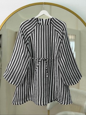 Modamorfo Balon Kol Belden Bağlamalı Astarlı Çizgili Tunik -Siyah