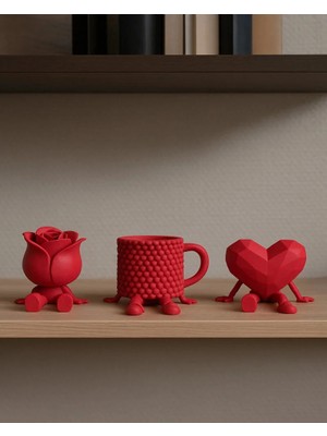 bebekokusu Dekoratif Kalp , Gül ve Kahve Figürü Kahve Sever Obje 3'lü Set 8 x 6 cm