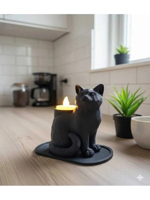 bebekokusu Ev , Ofis , Masaüstü Için LED Mumlu 14 x 12 cm Siyah Mozaik Kedi Biblo 14 x 12 cm ( LED Mum Hediyemizdir. )