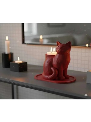 bebekokusu Ev , Ofis , Masaüstü Için LED Mumlu 14 x 12 cm Kırmızı Mozaik Kedi Biblo 14 x 12 cm ( LED Mum Hediyemizdir. )