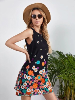 Civetta Kadın Sıfır Kollu Bisiklet Yaka Çiçek Desenli Süprem Mini Elbise