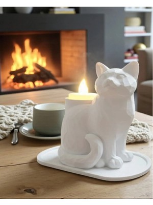 bebekokusu Ev , Ofis , Masaüstü Için LED Mumlu 14 x 12 cm Beyaz Mozaik Kedi Biblo 14 x 12 cm ( LED Mum Hediyemizdir. )