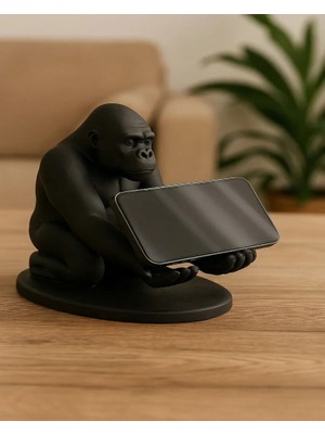 bebekokusu 3D Siyah Goril Figürlü Dekoratif Telefon , Tablet Standı , Kalem Tutucu Heykel , Masaüstü Biblo  12 x 12 cm
