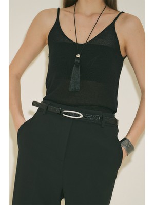 Manuka Ince Desenli Kemer Siyah