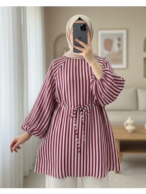 Modamorfo Balon Kol Belden Bağlamalı Astarlı Çizgili Tunik -Bordo