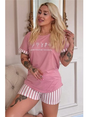 Pudra Positive Desenli Bambu Kısa Kol Şortlu Kadın Pijama Takımı