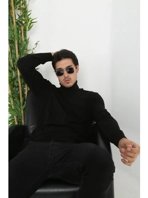 Mzp Kartan Erkek Tam Boğazlı Balıkçı Yaka Kazak Uzun Kol Düz Dokuma Triko - Siyah