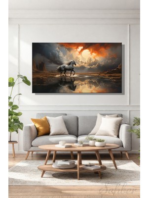 Şehber Panoramik Yatay Kanvas Duvar Tablosu Tekli Salon Mutfak Yatak Odası Ofis Çöl Gün Batımı At