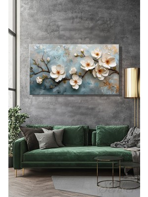 Şehber Panoramik Yatay Kanvas Duvar Tablosu Tekli Salon Mutfak Yatak Odası Ofis Beyaz Çiçekler