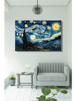 Şehber Yatay Kanvas Duvar Tablosu Tekli Salon Mutfak Yatak Odası Ofis Vincent Van Gogh Yıldızlı Gece