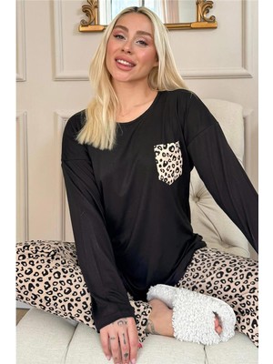 Pijama Evi Brown Leopar Desenli Bambu Uzun Kol Kadın Pijama Takımı