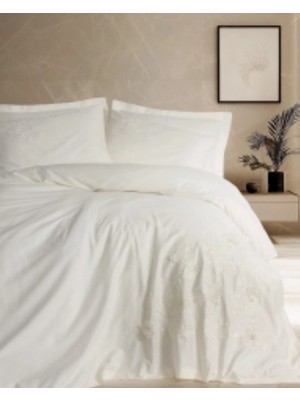 3D Nakışlı Çift Kişilik Saten Nev Takımı Chic Ekru