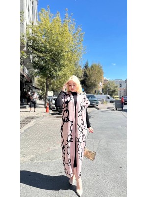 Bucuks Siyah Çizgi Desenli Elbiseli Hırka Takım Pudra Siyah