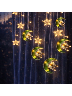 Epilons 3 mt Fişli Yeşil Hilal Cami Yıldız Ramazan Perde LED