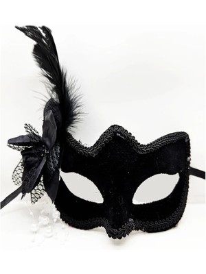 Epilons Siyah Süet Yandan Tüylü Incili Parti Maskesi