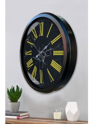 By Nevser Siyah Mermer Desenli 52 cm Metal Duvar Saati