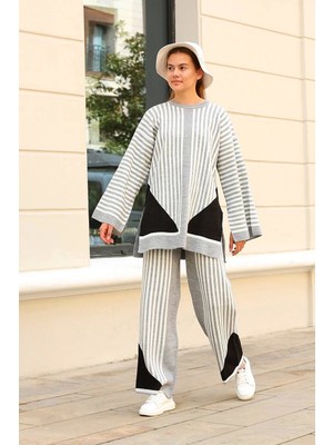 Bucuks Çizgili Bisiklet Yaka Triko Takım Gri