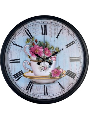 By Nevser Siyah Floral Tea Cup Duvar Saati