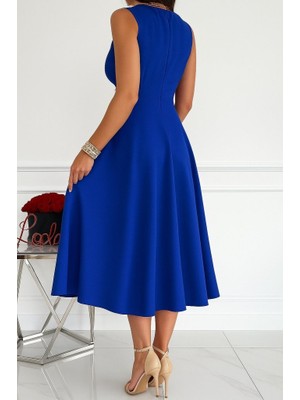 Munnn Collection Munn Collection Kadın Ithal Krep Kumaş Kruvaze Yaka Eteği Kloş Kolsuz Mini Elbise