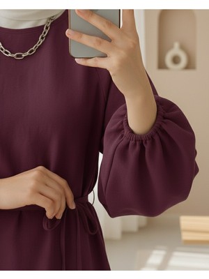 Modamorfo Yuvarlak Yaka Beli Bağcıklı Balon Kol Tunik   -Bordo