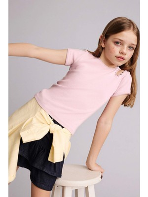 DeFacto Bisiklet Yaka Fitilli Kaşkorse Kısa Kollu Tişört Kız Çocuk H0066A826SM