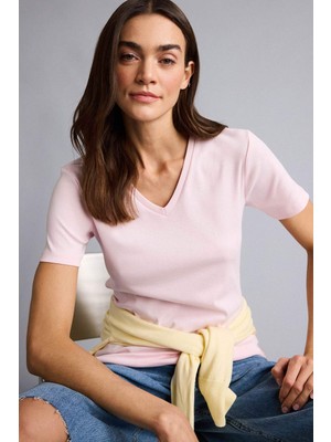 DeFacto Slim Fit V Yaka Basic Düz Ribana Kısa Kollu Tişört I1080AZ26SP