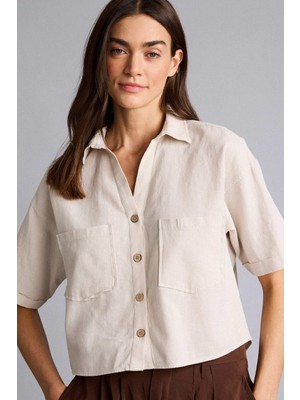 DeFacto Boxy Fit Gömlek Yaka Keten Karışımlı Kısa Kollu Gömlek V2523AZ26SP