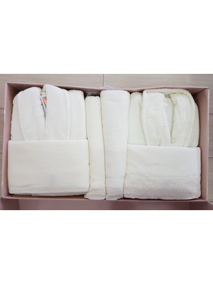 Özdilek Aile Bornoz Seti Krem Pamuk Çift Kişilik Kadın M ve Erkek L Beden 2 Adet Bornoz