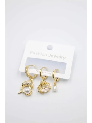 Remstdrk 3'lü Yunus Balığı Küpe - Altın