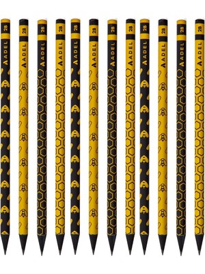 Adel Blackline Arı Yuvarlak 2B Kurşun Kalem 12 Adet Sarı Renkli Desenli Kalemler