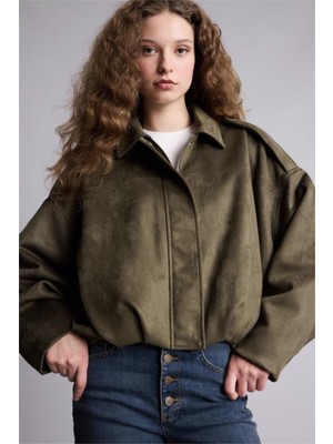 Famoda Haki Süet Apoletli Bomber Ceket
