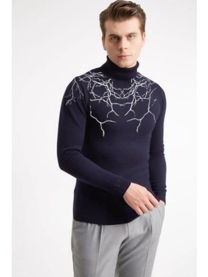 MidasTech Baskılı Tam Boğazlı Uzun Kol Dokuma Triko - Lacivert