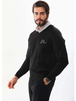 MidasTech Baskılı V Yaka Uzun Kol Dokuma Triko - Siyah