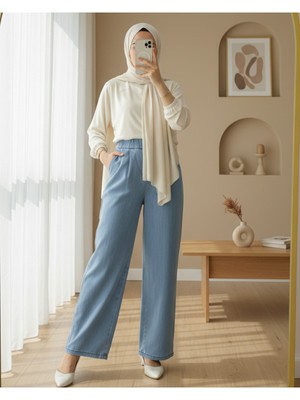 Modamorfo Çift Cepli Beli Lastikli Cırtlı Pileli Pantolon  -Açık Mavi