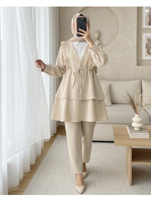Modamorfo Önü Fırfırlı Bağcıklı Eteği Katlı Pantolonlu Kimono Takım  -Krem