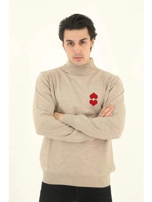 MidasTech Yarım Boğazlı Baskılı Dokuma Triko - Bej